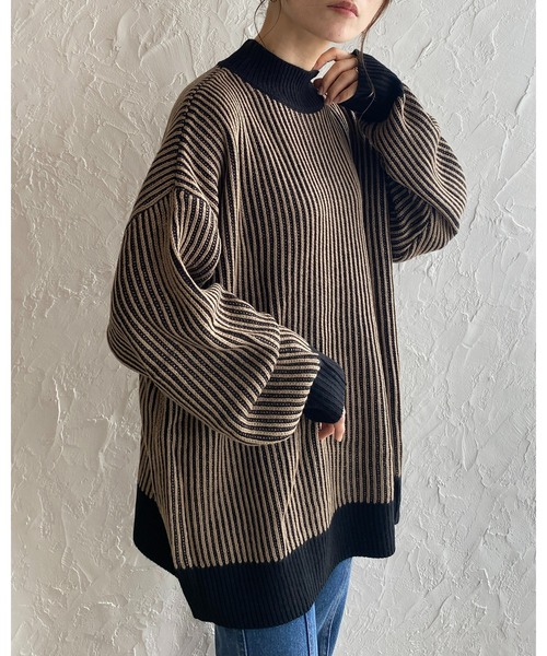 She's Closet(シーズクローゼット)の「バイカラーストライプリブ編みハイネックオーバーサイズニットプルオーバー(ニット/セーター・レディース・オレンジ/ベージュ/アイボリー/ブラック・FREE)」の7枚目の写真