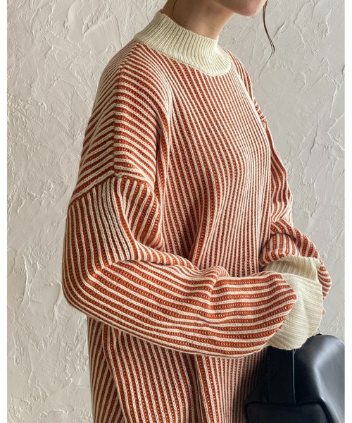 She's Closet(シーズクローゼット)の「バイカラーストライプリブ編みハイネックオーバーサイズニットプルオーバー(ニット/セーター・レディース・オレンジ/ベージュ/アイボリー/ブラック・FREE)」の8枚目の写真
