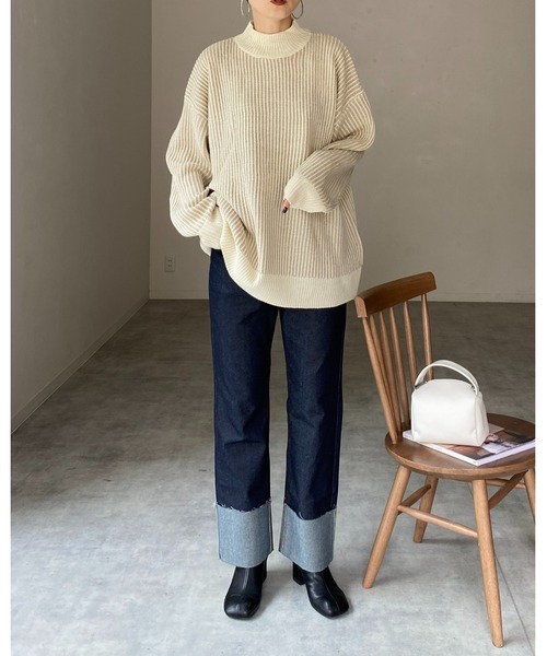 She's Closet(シーズクローゼット)の「バイカラーストライプリブ編みハイネックオーバーサイズニットプルオーバー(ニット/セーター・レディース・オレンジ/ベージュ/アイボリー/ブラック・FREE)」の9枚目の写真