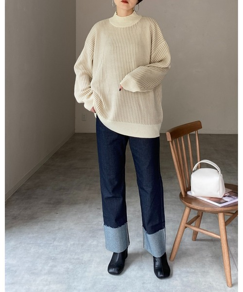 She's Closet(シーズクローゼット)の「バイカラーストライプリブ編みハイネックオーバーサイズニットプルオーバー(ニット/セーター・レディース・オレンジ/ベージュ/アイボリー/ブラック・FREE)」の10枚目の写真