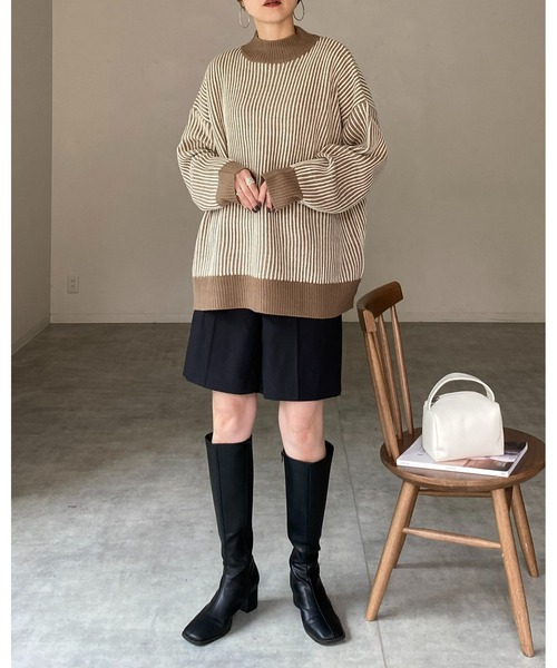 She's Closet(シーズクローゼット)の「バイカラーストライプリブ編みハイネックオーバーサイズニットプルオーバー(ニット/セーター・レディース・オレンジ/ベージュ/アイボリー/ブラック・FREE)」の12枚目の写真