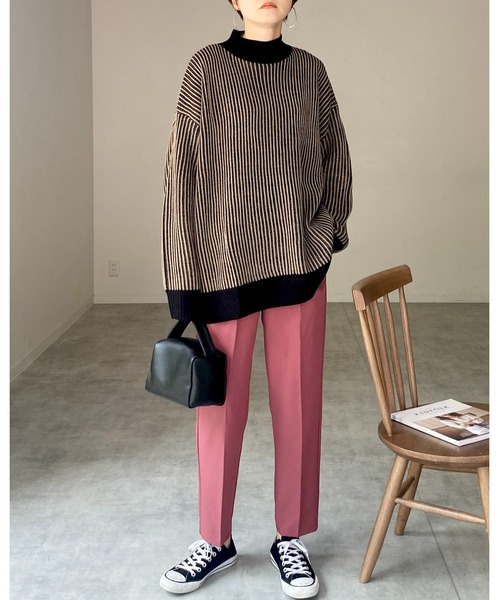 She's Closet(シーズクローゼット)の「バイカラーストライプリブ編みハイネックオーバーサイズニットプルオーバー(ニット/セーター・レディース・オレンジ/ベージュ/アイボリー/ブラック・FREE)」の15枚目の写真