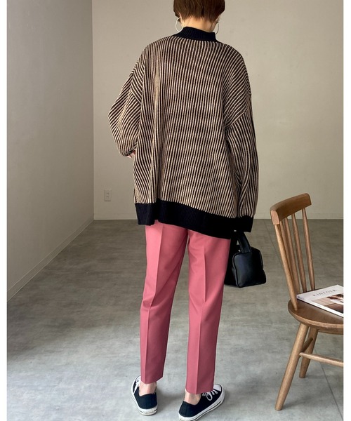 She's Closet(シーズクローゼット)の「バイカラーストライプリブ編みハイネックオーバーサイズニットプルオーバー(ニット/セーター・レディース・オレンジ/ベージュ/アイボリー/ブラック・FREE)」の16枚目の写真