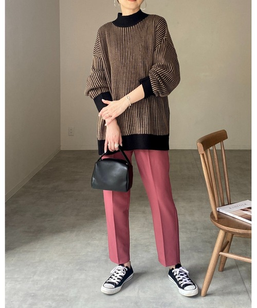 She's Closet(シーズクローゼット)の「バイカラーストライプリブ編みハイネックオーバーサイズニットプルオーバー(ニット/セーター・レディース・オレンジ/ベージュ/アイボリー/ブラック・FREE)」の17枚目の写真