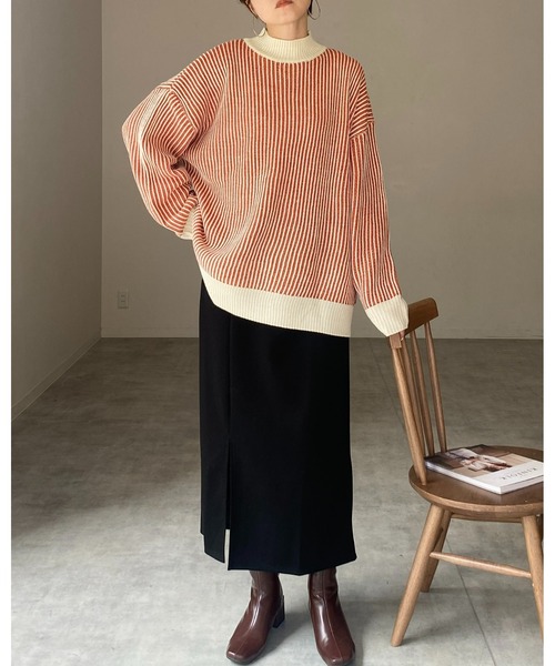 She's Closet(シーズクローゼット)の「バイカラーストライプリブ編みハイネックオーバーサイズニットプルオーバー(ニット/セーター・レディース・オレンジ/ベージュ/アイボリー/ブラック・FREE)」の18枚目の写真