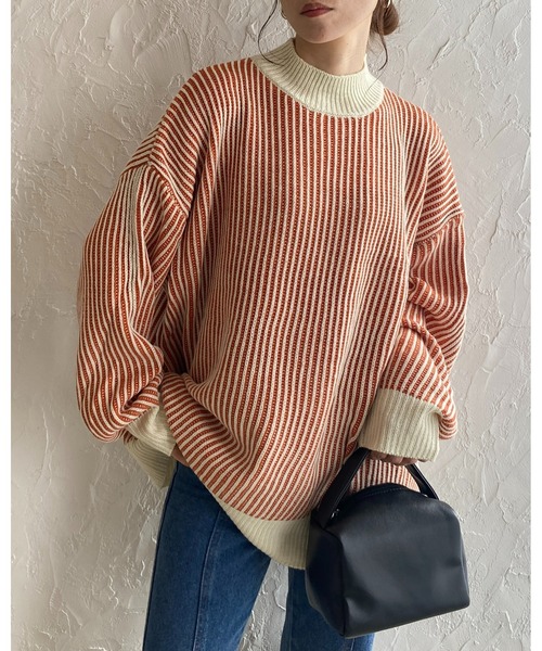 She's Closet(シーズクローゼット)の「バイカラーストライプリブ編みハイネックオーバーサイズニットプルオーバー(ニット/セーター・レディース・オレンジ/ベージュ/アイボリー/ブラック・FREE)」の21枚目の写真