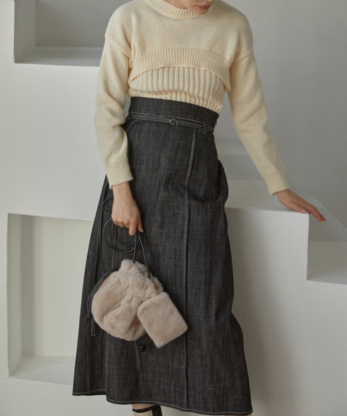 ACYM(アシーム)の「Stitch denim long スカート(スカート・レディース・インディゴブルー/ブラック・FREE)」の1枚目の写真