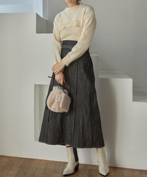 ACYM(アシーム)の「Stitch denim long スカート(スカート・レディース・インディゴブルー/ブラック・FREE)」の5枚目の写真