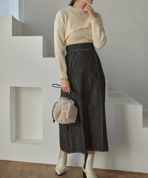 ACYM(アシーム)の「Stitch denim long スカート(スカート・レディース・インディゴブルー/ブラック・FREE)」の7枚目の写真