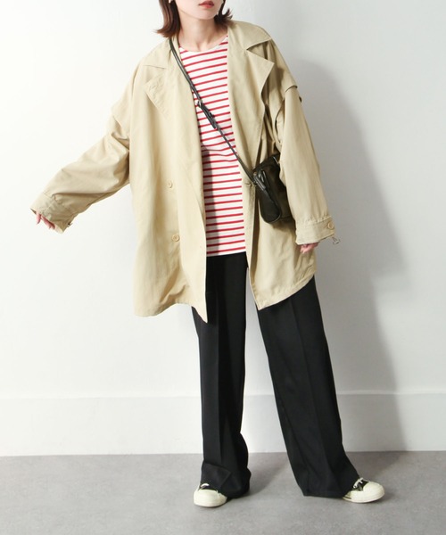 Chillfar（チルファー）の「袖取り外しダブルテーラーコート（トレンチコート・レディース・ブラック/ベージュ/オフホワイト/グリーン/マスタード・MEDIUM/LARGE）」の7枚目の写真