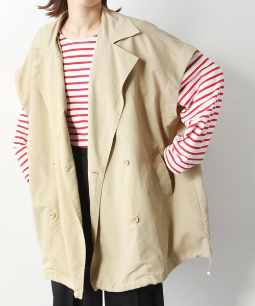 Chillfar（チルファー）の「袖取り外しダブルテーラーコート（トレンチコート・レディース・ブラック/ベージュ/オフホワイト/グリーン/マスタード・MEDIUM/LARGE）」の6枚目の写真