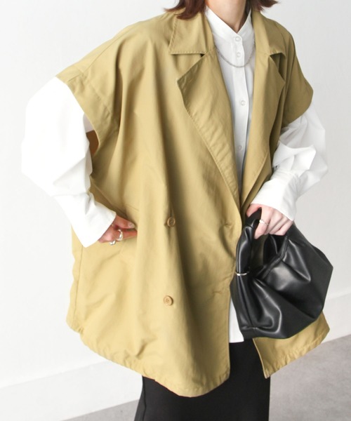 Chillfar（チルファー）の「袖取り外しダブルテーラーコート（トレンチコート・レディース・ブラック/ベージュ/オフホワイト/グリーン/マスタード・MEDIUM/LARGE）」の9枚目の写真