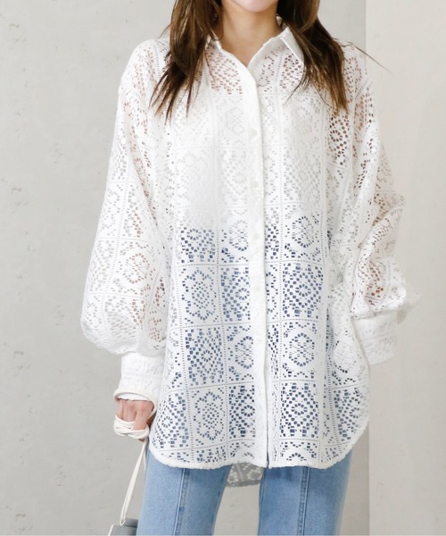 Per sist ence（パーシエンス）の「Per sist ence/パーシエンス　ラッセルレースオーバーサイズシャツ（シャツ/ブラウス・レディース・ブラック/アイボリー・FREE）」の4枚目の写真