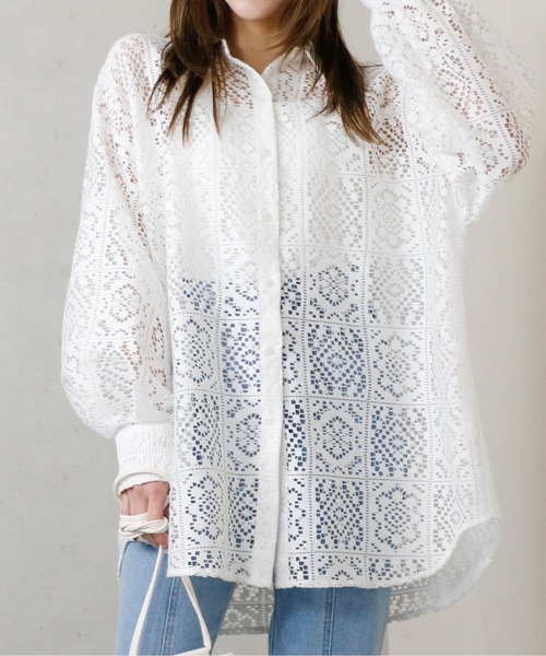 Per sist ence（パーシエンス）の「Per sist ence/パーシエンス　ラッセルレースオーバーサイズシャツ（シャツ/ブラウス・レディース・ブラック/アイボリー・FREE）」の6枚目の写真