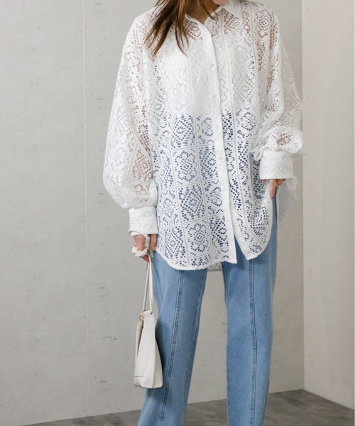 Per sist ence（パーシエンス）の「Per sist ence/パーシエンス　ラッセルレースオーバーサイズシャツ（シャツ/ブラウス・レディース・ブラック/アイボリー・FREE）」の7枚目の写真