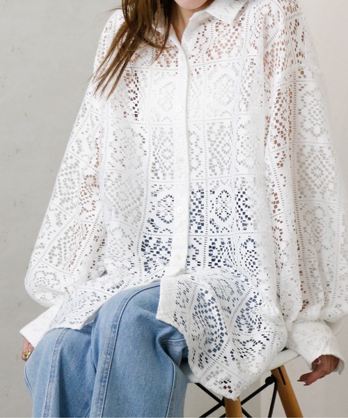 Per sist ence（パーシエンス）の「Per sist ence/パーシエンス　ラッセルレースオーバーサイズシャツ（シャツ/ブラウス・レディース・ブラック/アイボリー・FREE）」の15枚目の写真