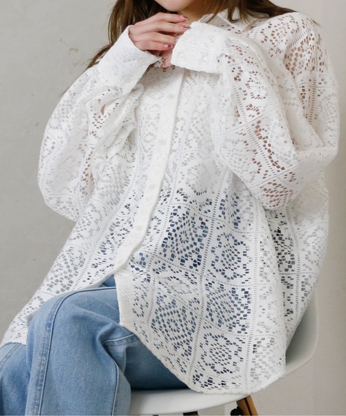 Per sist ence（パーシエンス）の「Per sist ence/パーシエンス　ラッセルレースオーバーサイズシャツ（シャツ/ブラウス・レディース・ブラック/アイボリー・FREE）」の16枚目の写真