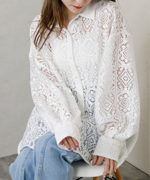 Per sist ence（パーシエンス）の「Per sist ence/パーシエンス　ラッセルレースオーバーサイズシャツ（シャツ/ブラウス・レディース・ブラック/アイボリー・FREE）」の17枚目の写真