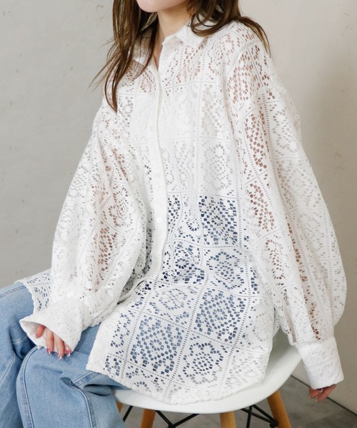 Per sist ence（パーシエンス）の「Per sist ence/パーシエンス　ラッセルレースオーバーサイズシャツ（シャツ/ブラウス・レディース・ブラック/アイボリー・FREE）」の19枚目の写真