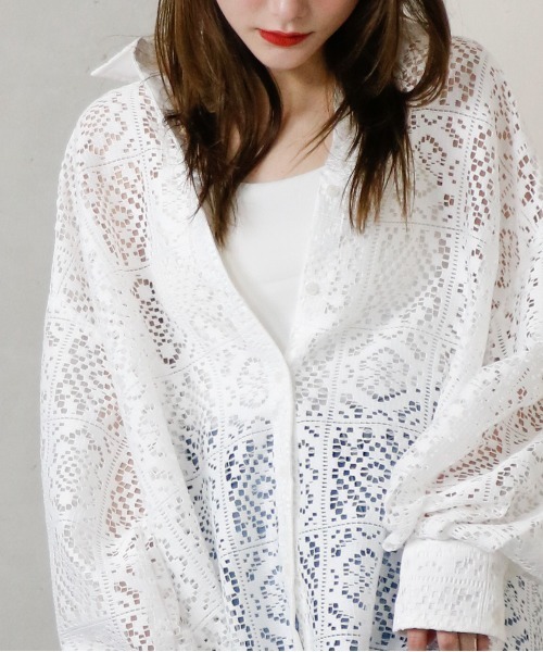 Per sist ence（パーシエンス）の「Per sist ence/パーシエンス　ラッセルレースオーバーサイズシャツ（シャツ/ブラウス・レディース・ブラック/アイボリー・FREE）」の21枚目の写真