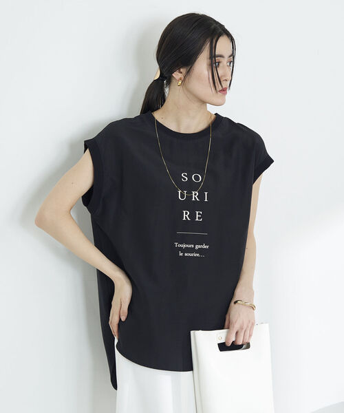NOLLEY’S(ノーリーズ)の「◇【WEB限定】フレンチロゴTブラウス(Tシャツ/カットソー・レディース・キャメル/ベージュ/ブラック・FREE)」の5枚目の写真