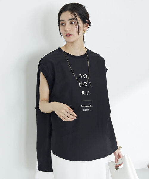 NOLLEY’S(ノーリーズ)の「◇【WEB限定】フレンチロゴTブラウス(Tシャツ/カットソー・レディース・キャメル/ベージュ/ブラック・FREE)」の6枚目の写真