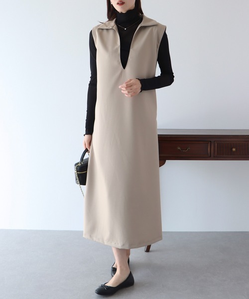 BLUEEAST(ブルーイースト)の「深Vネックジャンスカ(ジャンパースカート・レディース・ブラック/アイボリー/グレイッシュベージュ・MEDIUM)」の3枚目の写真