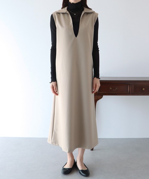 BLUEEAST(ブルーイースト)の「深Vネックジャンスカ(ジャンパースカート・レディース・ブラック/アイボリー/グレイッシュベージュ・MEDIUM)」の14枚目の写真