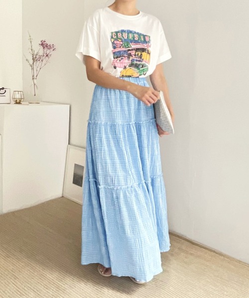 VitaFelice（ヴィータフェリーチェ）の「ギンガムチェックティアードスカート（スカート・レディース・ブラック/ブルー・FREE）」の8枚目の写真