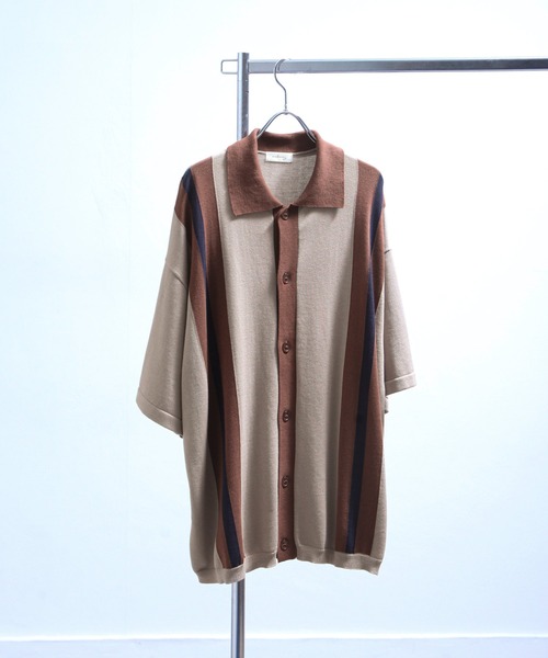 NILWAY（ニルウェイ）の「ストライプ配色ニットシャツ/カーディガン（カーディガン/ボレロ・メンズ・ベージュ/ブラック/グレー・FREE）」の6枚目の写真