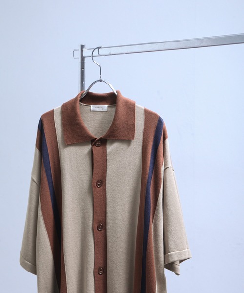 NILWAY（ニルウェイ）の「ストライプ配色ニットシャツ/カーディガン（カーディガン/ボレロ・メンズ・ベージュ/ブラック/グレー・FREE）」の9枚目の写真