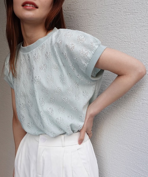 CORNERS（コーナーズ）の「ストレッチレースフレンチプルオーバー（Tシャツ/カットソー・レディース・ラベンダー/ミント/ブラック/ホワイト・FREE）」の4枚目の写真