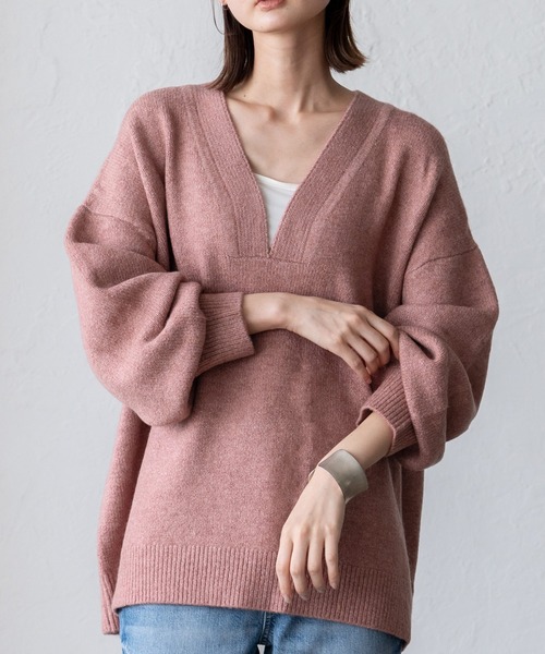 VitaFelice（ヴィータフェリーチェ）の「ディープVネックニットプルオーバー（ニット/セーター・レディース・オートミール/ベージュ/チャコール/ミント/ピンク/ベージュ系・FREE）」の6枚目の写真