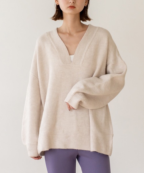 VitaFelice（ヴィータフェリーチェ）の「ディープVネックニットプルオーバー（ニット/セーター・レディース・オートミール/ベージュ/チャコール/ミント/ピンク/ベージュ系・FREE）」の8枚目の写真
