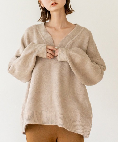 VitaFelice（ヴィータフェリーチェ）の「ディープVネックニットプルオーバー（ニット/セーター・レディース・オートミール/ベージュ/チャコール/ミント/ピンク/ベージュ系・FREE）」の9枚目の写真