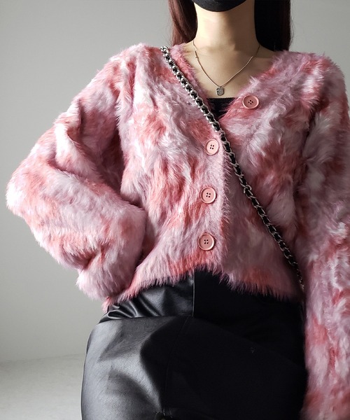 me+em select(ミームセレクト)の「【 2color 】レオパードマーブルシャギーニットカーディガン / reopard marble knit shaggy cardigan(カーディガン/ボレロ・レディース・ピンク/ブルーグレー・FREE)」の4枚目の写真