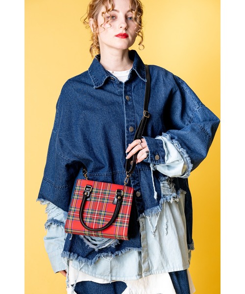 リメイク パンクロック y2k グランジ 安ピン スタッズ パッチワーク コート セール】an meets zakka タータンチェック柄2WAYショルダーミニ