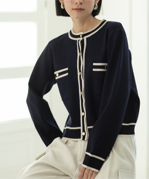 OPAQUE.CLIP(オペークドットクリップ)の「◆アンサンブル対応 配色ラインニットカーディガン【洗濯機洗い可】(カーディガン/ボレロ・レディース・ネイビー/オフホワイト/ベビーピンク・36/38/40/42)」の1枚目の写真