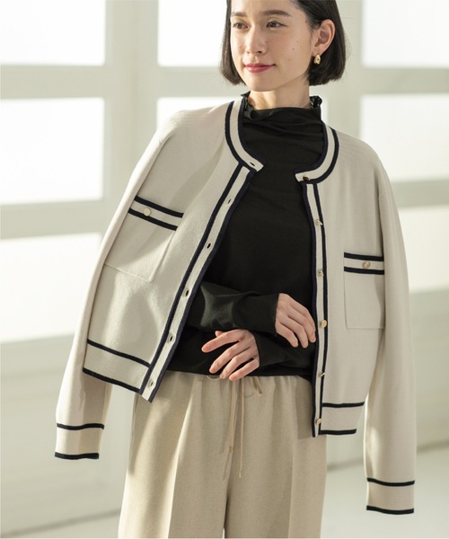 OPAQUE.CLIP(オペークドットクリップ)の「◆アンサンブル対応 配色ラインニットカーディガン【洗濯機洗い可】(カーディガン/ボレロ・レディース・ネイビー/オフホワイト/ベビーピンク・36/38/40/42)」の2枚目の写真