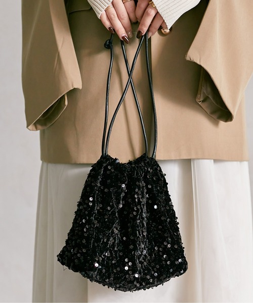 Thevon（ゼボン）の「スパンコール巾着バッグ（トートバッグ・レディース・グレー/ブルー/ブラック/ブラウン・FREE）」の6枚目の写真