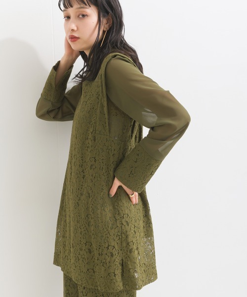 terrace(テラス)の「【セットアップ 】 レースデコルテシアーチュニックブラウス+レースイージーパンツ(セットアップ・レディース・オフホワイト/ブラック/カーキ・MEDIUM)」の6枚目の写真