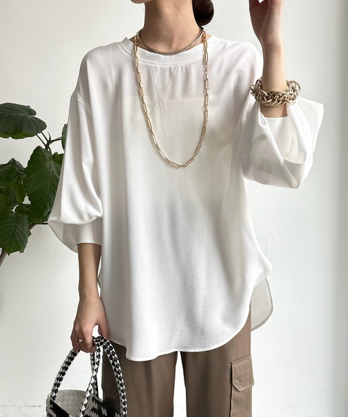DouDou（ドゥドゥ）の「袖リブバックボタンジョーゼットブラウス（Tシャツ/カットソー・レディース・ライトグレー/チャコールグレー/オフホワイト・FREE）」の8枚目の写真