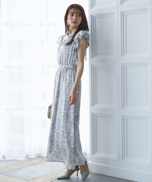 高身長 サテン楊柳単色花柄ショルダーフリルワンピース（トール