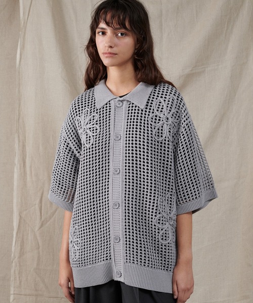 セール】FLOWER CODE EMBROIDERY MESH SHIRT / フラワーコード