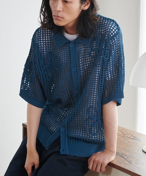 セール】FLOWER CODE EMBROIDERY MESH SHIRT / フラワーコード