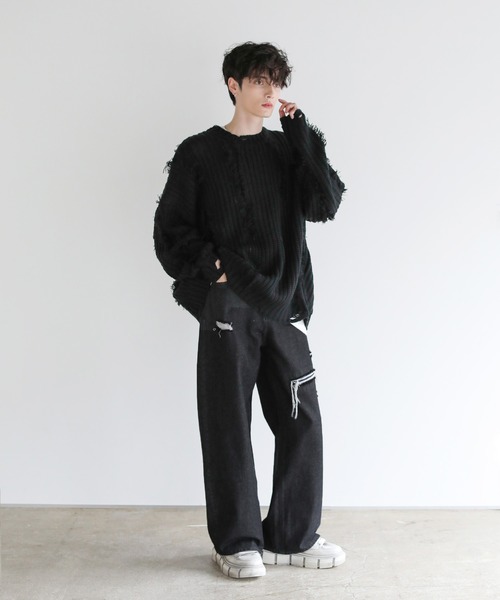 ビッグシルエットダメージフリンジケーブルニット（ニット/セーター