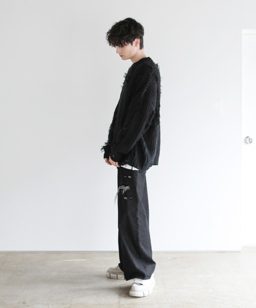 ビッグシルエットダメージフリンジケーブルニット（ニット/セーター