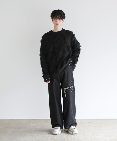 ビッグシルエットダメージフリンジケーブルニット（ニット/セーター