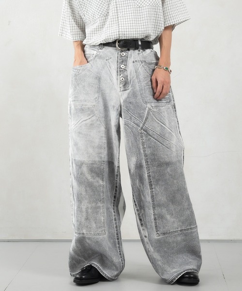 Perushu(ペルーシュ)の「ダブルニーペイントワイドパンツ(デニムパンツ・メンズ・グレー/ブラック・SMALL/MEDIUM/LARGE)」の3枚目の写真