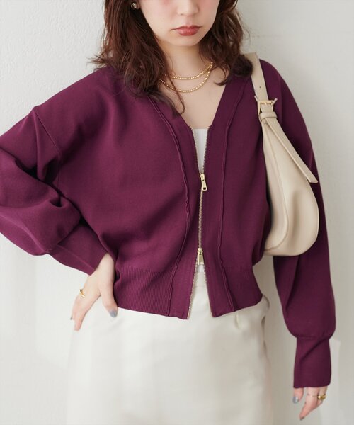 natural couture（ナチュラルクチュール）の「ポリニットWzipカーデ（カーディガン/ボレロ・レディース・アイボリー/サックスブルー/ブラック/モカ/パープル・FREE）」の5枚目の写真